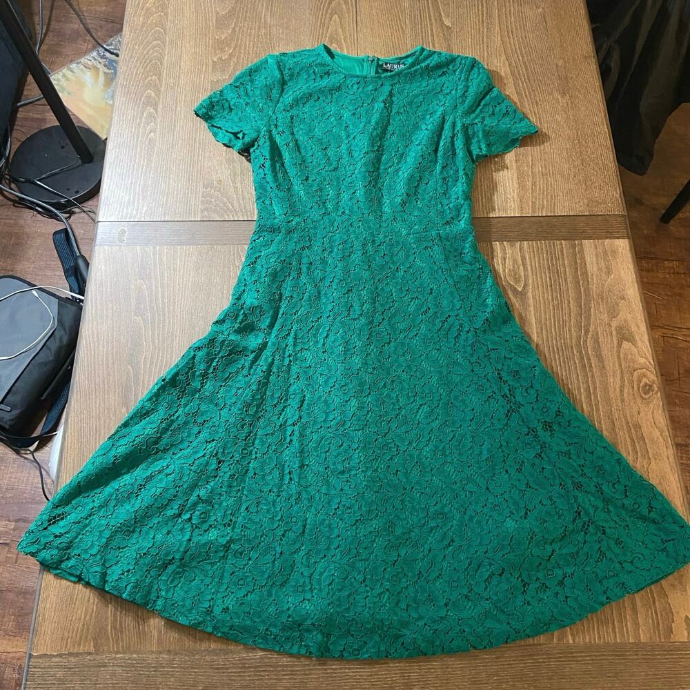 Lauren Ralph Lauren Emerald Green Lace Fit and Flare Dress, Sz 4